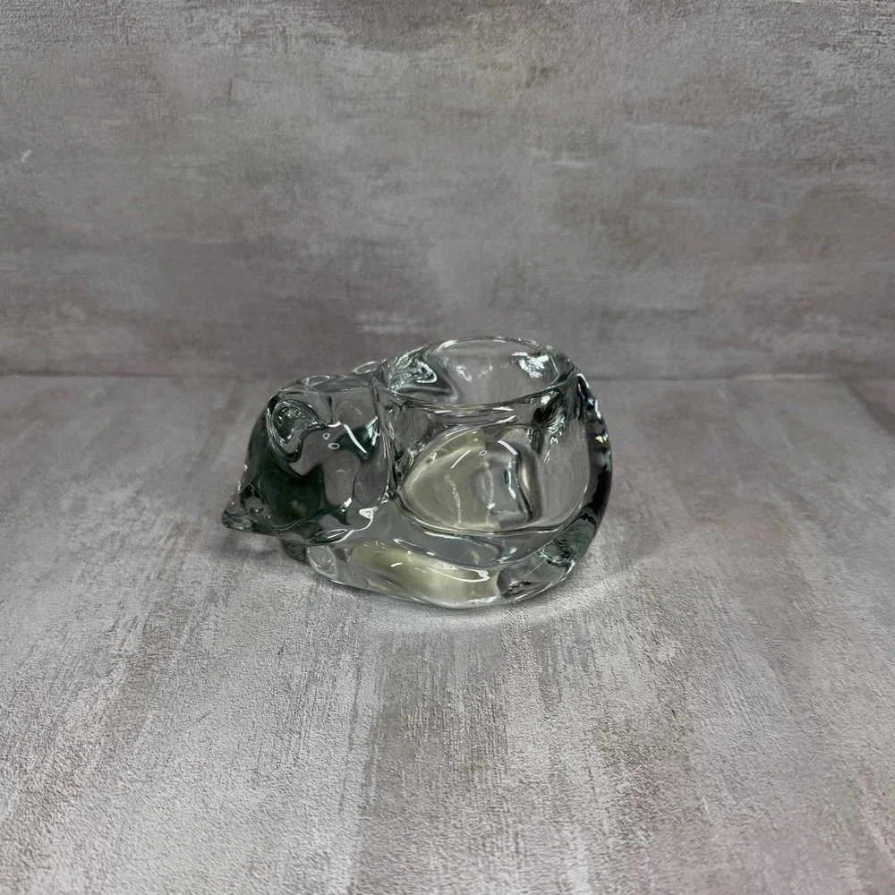 Vintage Cat Votive Holder Crystal Glass Sleeping Feline Tea Light Made USA 90s